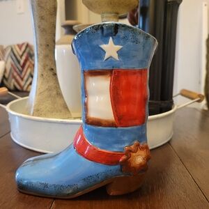 COPY - Ceramic Cowboy Boot  with Star - Blue and Red